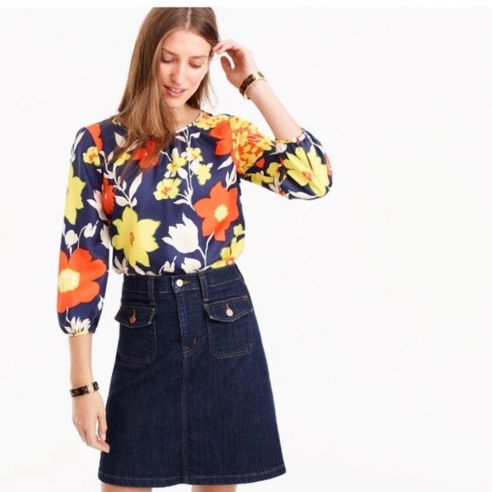 J. Crew - Colorful Navy Blue Vintage Floral Silk Blouse
